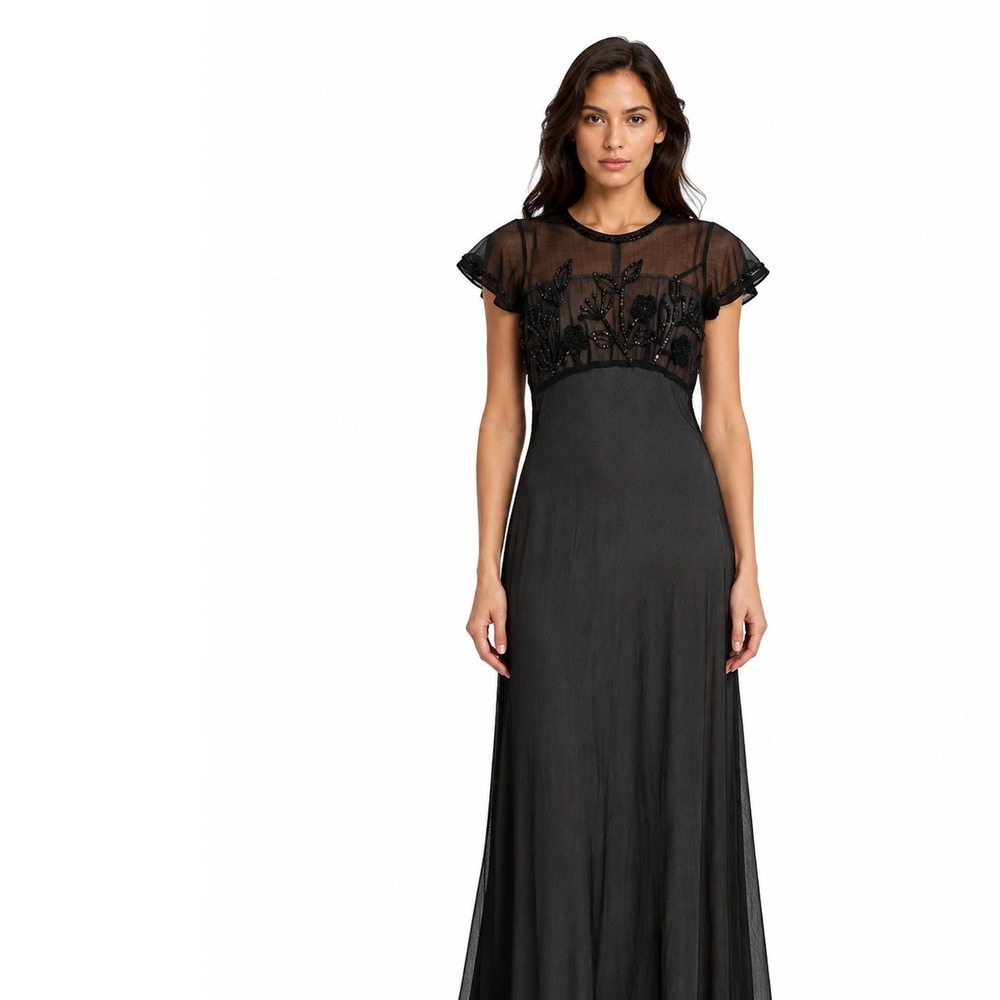NEW Nostalgia Maxi‎ Dress Womens Size Large Black Beaded Mesh Floral Vintage